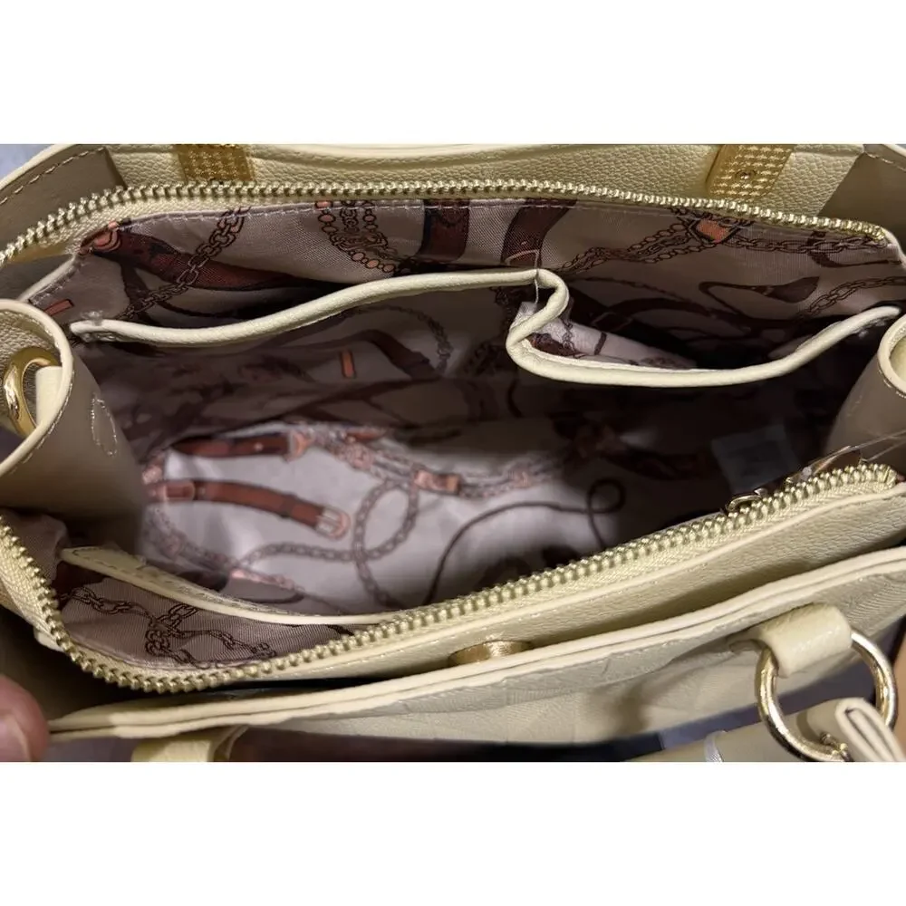 La Terre Beige Embossed Diamond Satchel Handbag Gold Tone Hardware NWT